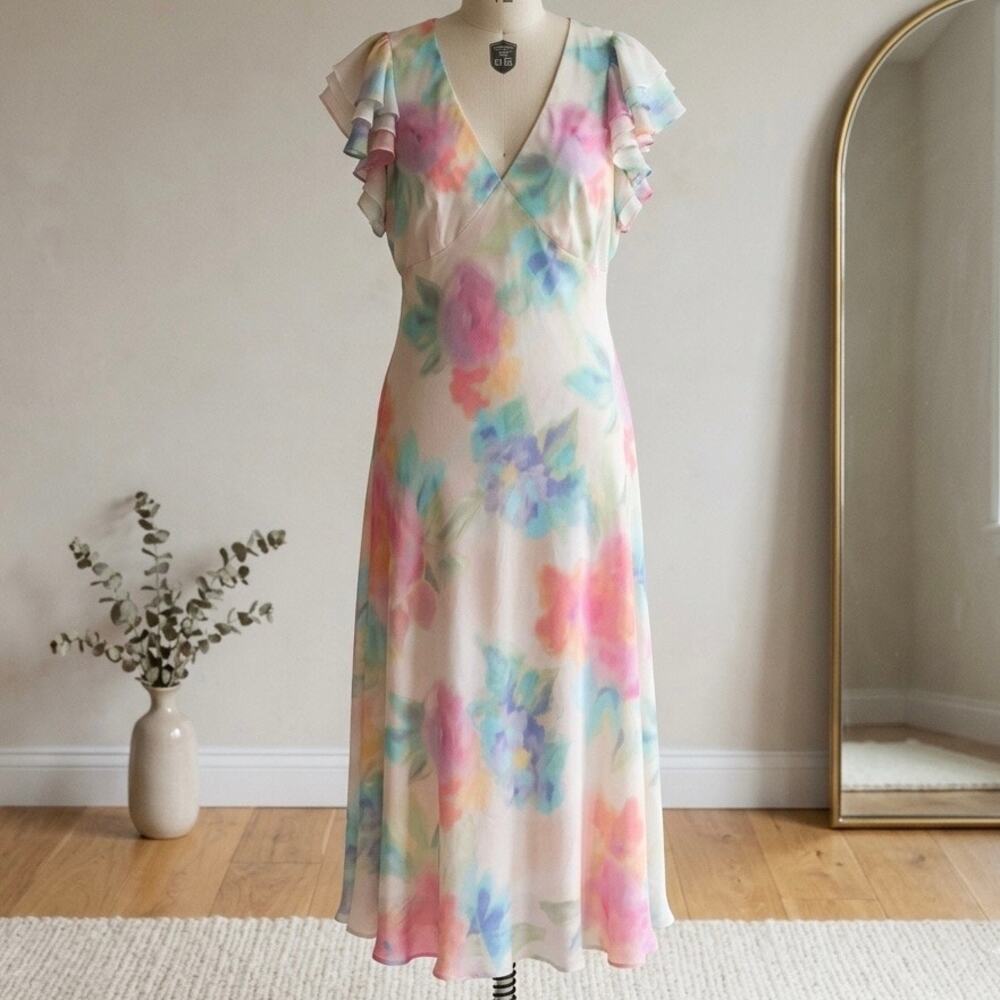 Taylor Watercolor Floral Flutter Sleeve Maxi Dress Size 14- Cottagecore - Picture 1 of 8